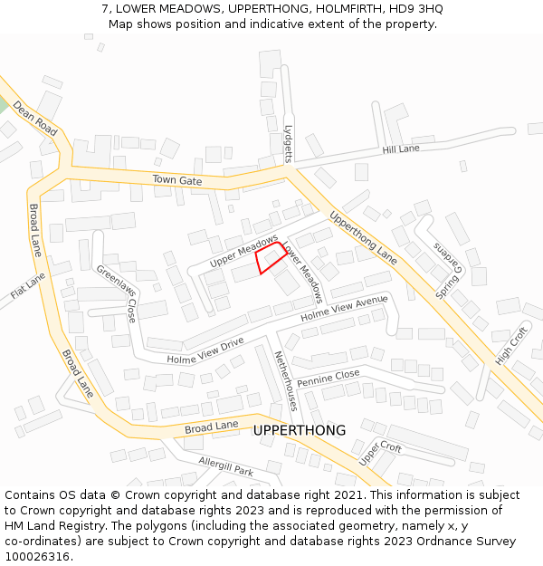 7, LOWER MEADOWS, UPPERTHONG, HOLMFIRTH, HD9 3HQ: Location map and indicative extent of plot