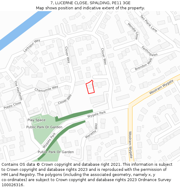 7, LUCERNE CLOSE, SPALDING, PE11 3GE: Location map and indicative extent of plot