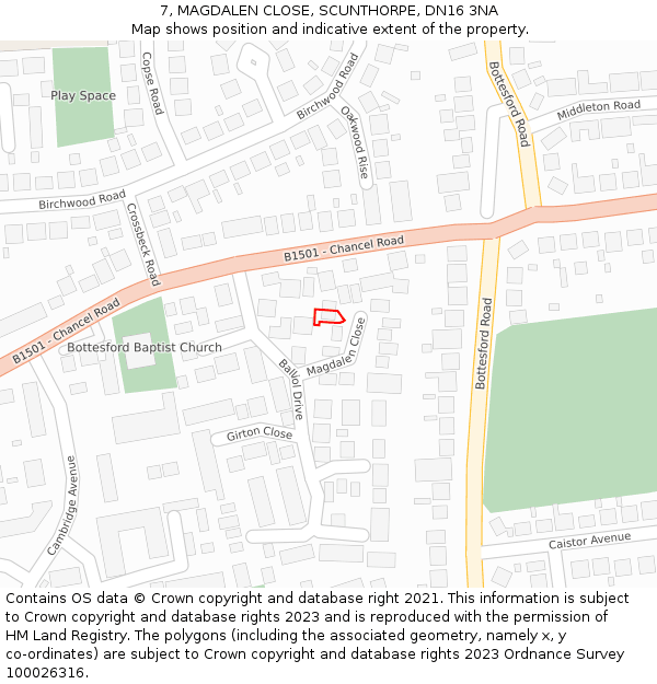 7, MAGDALEN CLOSE, SCUNTHORPE, DN16 3NA: Location map and indicative extent of plot