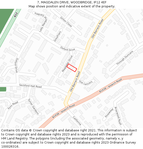 7, MAGDALEN DRIVE, WOODBRIDGE, IP12 4EF: Location map and indicative extent of plot