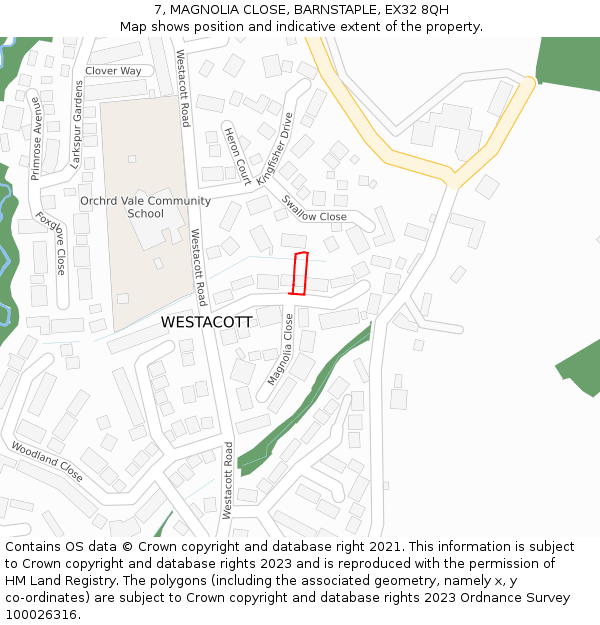 7, MAGNOLIA CLOSE, BARNSTAPLE, EX32 8QH: Location map and indicative extent of plot