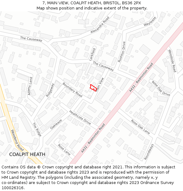 7, MAIN VIEW, COALPIT HEATH, BRISTOL, BS36 2PX: Location map and indicative extent of plot