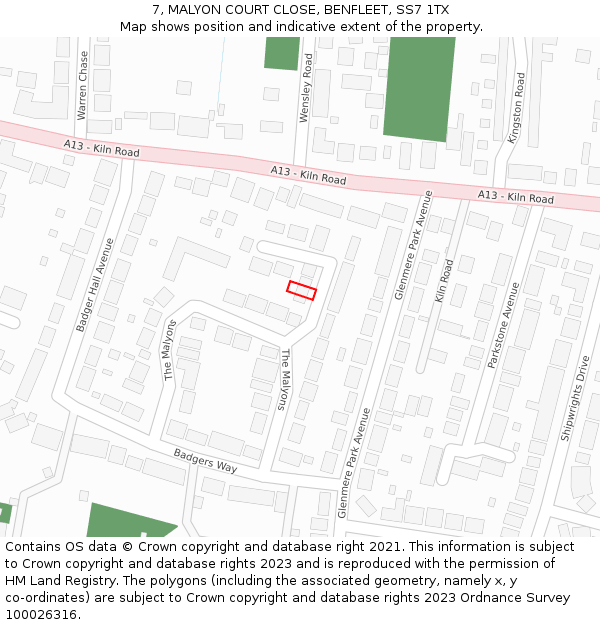 7, MALYON COURT CLOSE, BENFLEET, SS7 1TX: Location map and indicative extent of plot