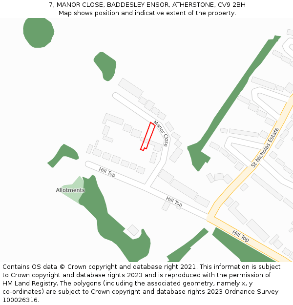 7, MANOR CLOSE, BADDESLEY ENSOR, ATHERSTONE, CV9 2BH: Location map and indicative extent of plot