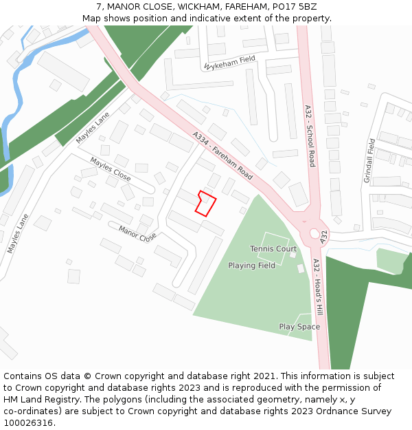 7, MANOR CLOSE, WICKHAM, FAREHAM, PO17 5BZ: Location map and indicative extent of plot