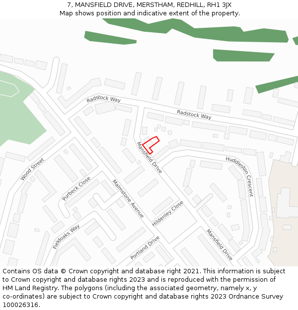 7, MANSFIELD DRIVE, MERSTHAM, REDHILL, RH1 3JX: Location map and indicative extent of plot