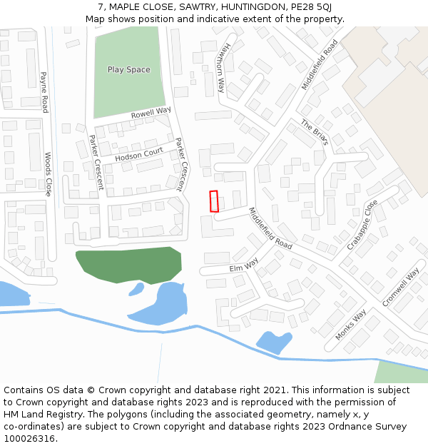 7, MAPLE CLOSE, SAWTRY, HUNTINGDON, PE28 5QJ: Location map and indicative extent of plot