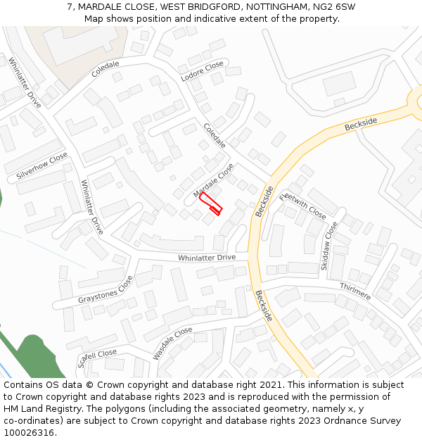 7, MARDALE CLOSE, WEST BRIDGFORD, NOTTINGHAM, NG2 6SW: Location map and indicative extent of plot