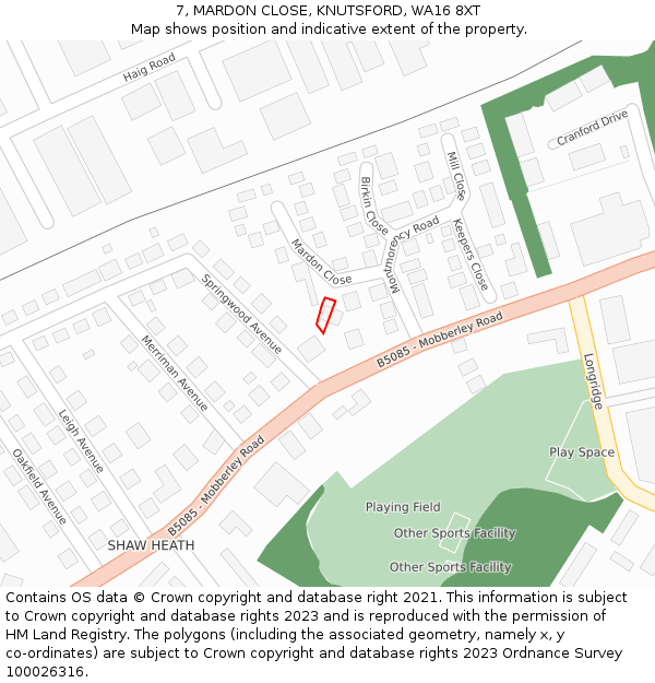 7, MARDON CLOSE, KNUTSFORD, WA16 8XT: Location map and indicative extent of plot