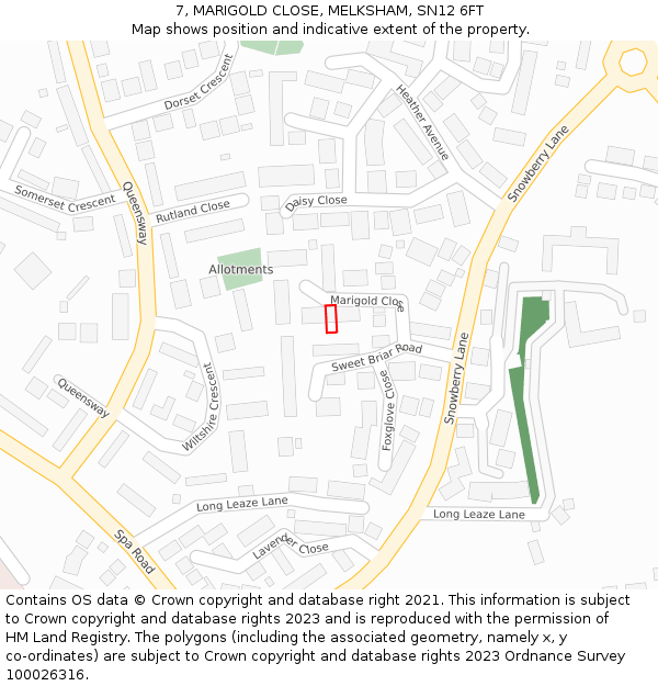 7, MARIGOLD CLOSE, MELKSHAM, SN12 6FT: Location map and indicative extent of plot