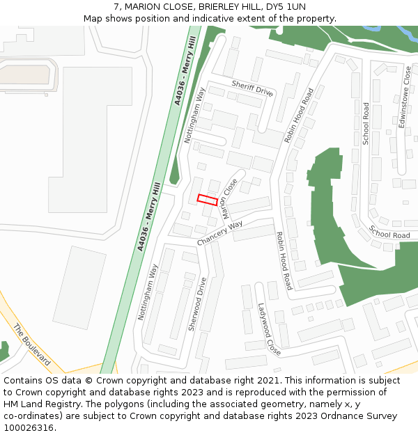 7, MARION CLOSE, BRIERLEY HILL, DY5 1UN: Location map and indicative extent of plot