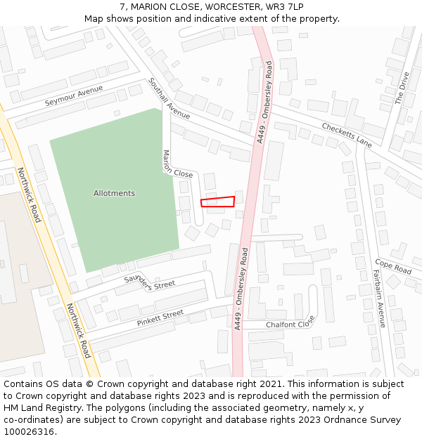 7, MARION CLOSE, WORCESTER, WR3 7LP: Location map and indicative extent of plot