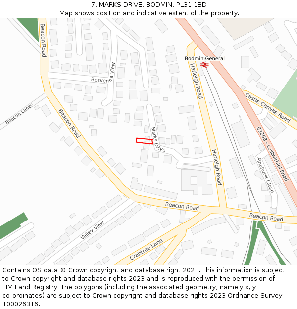 7, MARKS DRIVE, BODMIN, PL31 1BD: Location map and indicative extent of plot