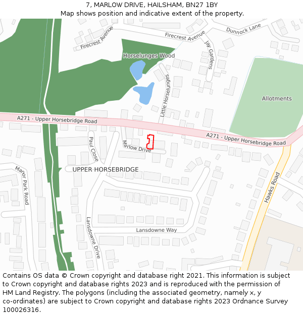 7, MARLOW DRIVE, HAILSHAM, BN27 1BY: Location map and indicative extent of plot