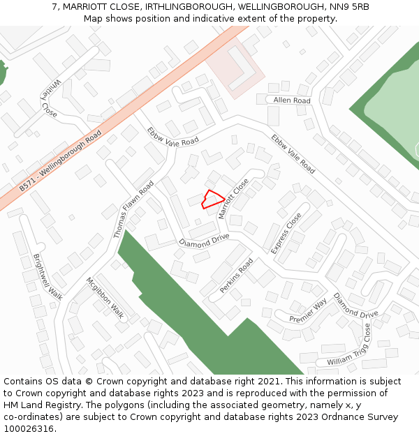 7, MARRIOTT CLOSE, IRTHLINGBOROUGH, WELLINGBOROUGH, NN9 5RB: Location map and indicative extent of plot