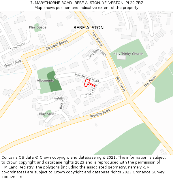 7, MARYTHORNE ROAD, BERE ALSTON, YELVERTON, PL20 7BZ: Location map and indicative extent of plot