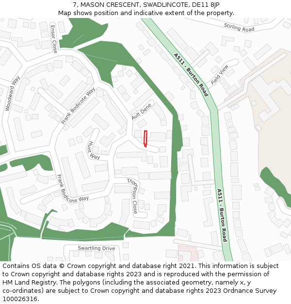 7, MASON CRESCENT, SWADLINCOTE, DE11 8JP: Location map and indicative extent of plot