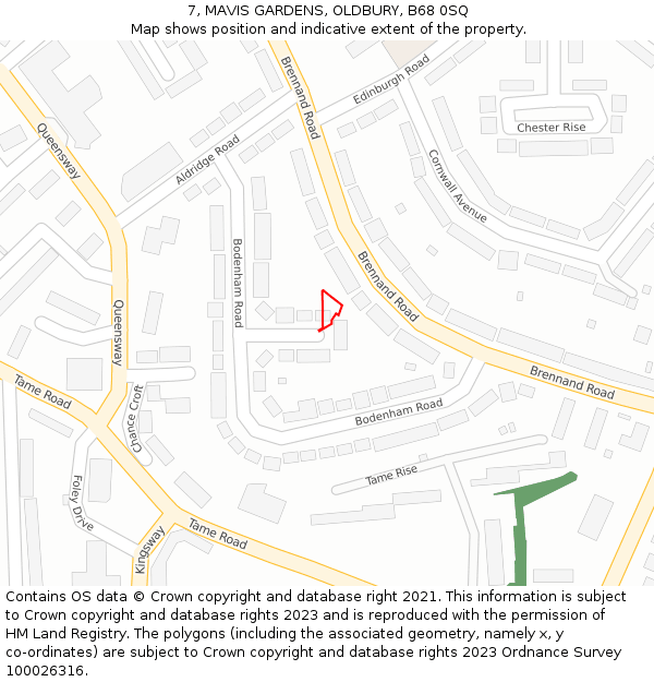 7, MAVIS GARDENS, OLDBURY, B68 0SQ: Location map and indicative extent of plot