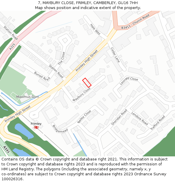 7, MAYBURY CLOSE, FRIMLEY, CAMBERLEY, GU16 7HH: Location map and indicative extent of plot