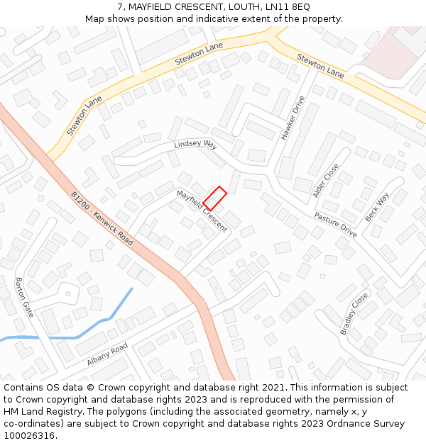 7, MAYFIELD CRESCENT, LOUTH, LN11 8EQ: Location map and indicative extent of plot