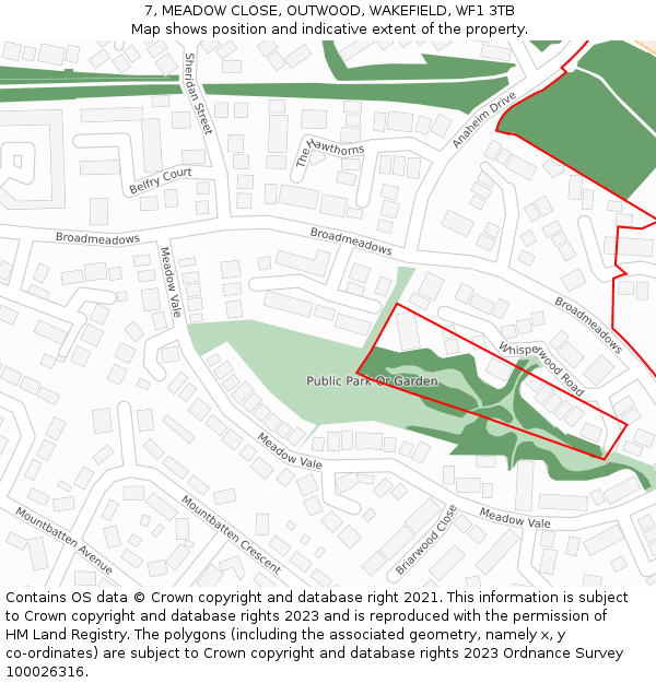 7, MEADOW CLOSE, OUTWOOD, WAKEFIELD, WF1 3TB: Location map and indicative extent of plot