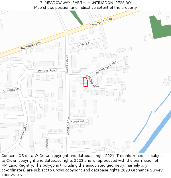 7, MEADOW WAY, EARITH, HUNTINGDON, PE28 3QJ: Location map and indicative extent of plot