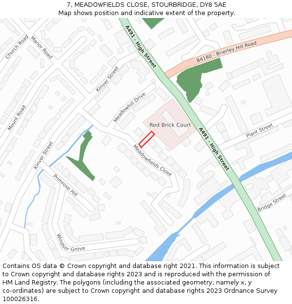 7, MEADOWFIELDS CLOSE, STOURBRIDGE, DY8 5AE: Location map and indicative extent of plot