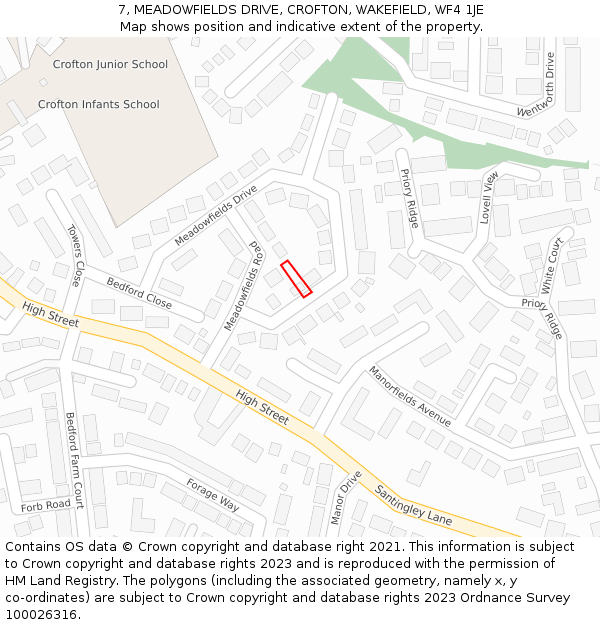 7, MEADOWFIELDS DRIVE, CROFTON, WAKEFIELD, WF4 1JE: Location map and indicative extent of plot