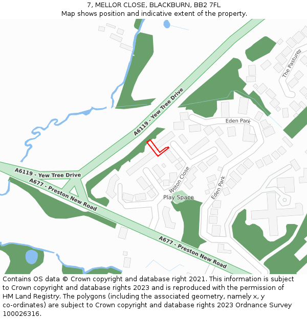 7, MELLOR CLOSE, BLACKBURN, BB2 7FL: Location map and indicative extent of plot