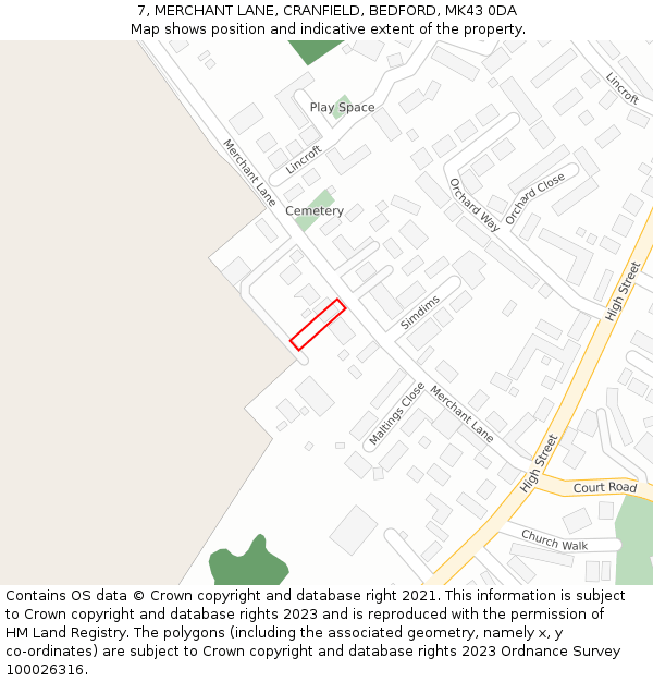 7, MERCHANT LANE, CRANFIELD, BEDFORD, MK43 0DA: Location map and indicative extent of plot