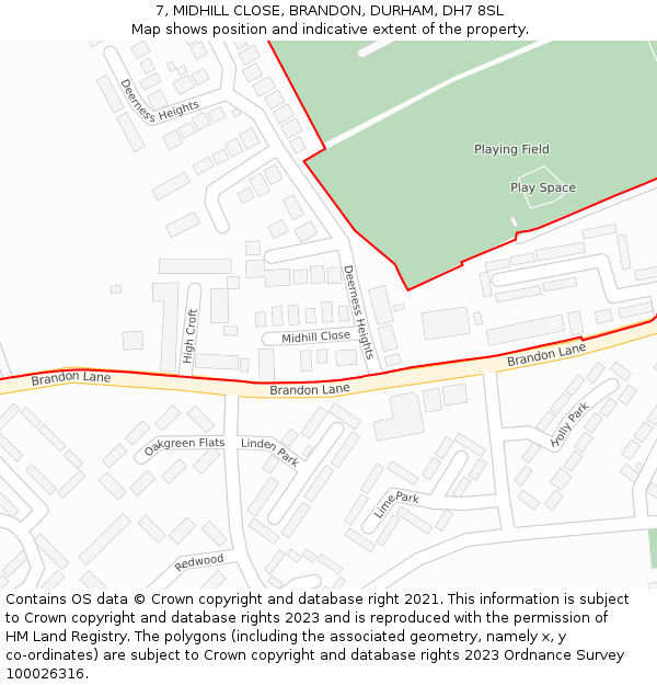 7, MIDHILL CLOSE, BRANDON, DURHAM, DH7 8SL: Location map and indicative extent of plot
