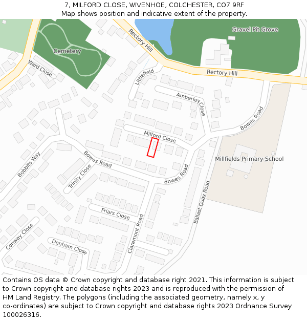 7, MILFORD CLOSE, WIVENHOE, COLCHESTER, CO7 9RF: Location map and indicative extent of plot