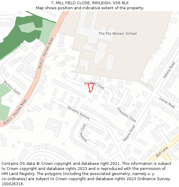 7, MILL FIELD CLOSE, RAYLEIGH, SS6 8LX: Location map and indicative extent of plot