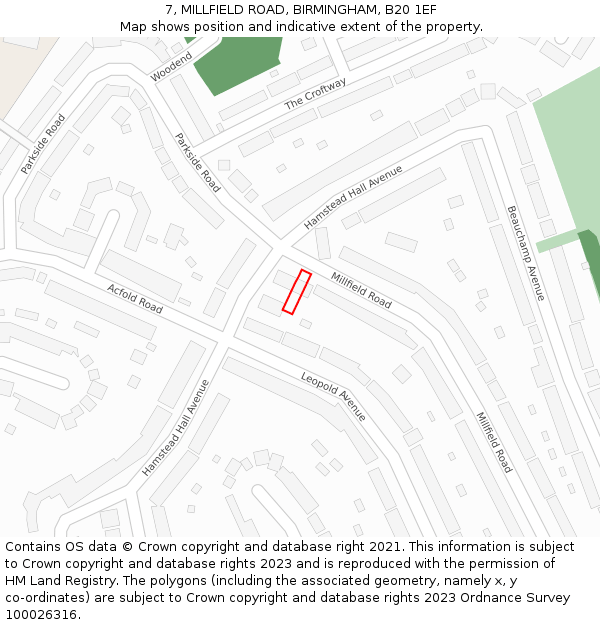 7, MILLFIELD ROAD, BIRMINGHAM, B20 1EF: Location map and indicative extent of plot