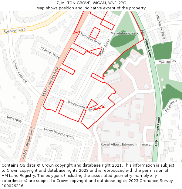 7, MILTON GROVE, WIGAN, WN1 2PG: Location map and indicative extent of plot