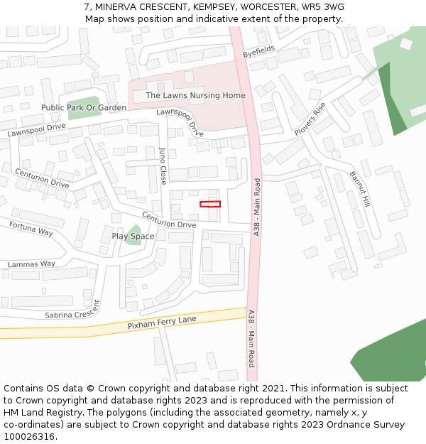 7, MINERVA CRESCENT, KEMPSEY, WORCESTER, WR5 3WG: Location map and indicative extent of plot