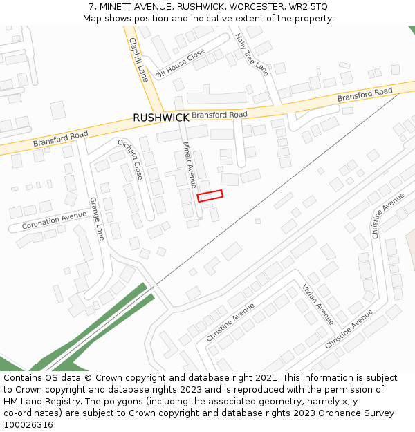 7, MINETT AVENUE, RUSHWICK, WORCESTER, WR2 5TQ: Location map and indicative extent of plot