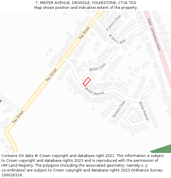 7, MINTER AVENUE, DENSOLE, FOLKESTONE, CT18 7DS: Location map and indicative extent of plot