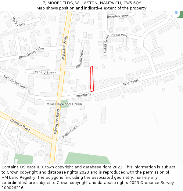 7, MOORFIELDS, WILLASTON, NANTWICH, CW5 6QY: Location map and indicative extent of plot