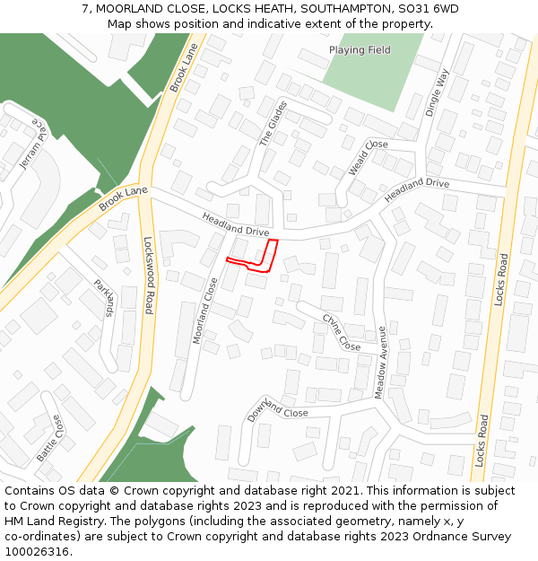 7, MOORLAND CLOSE, LOCKS HEATH, SOUTHAMPTON, SO31 6WD: Location map and indicative extent of plot