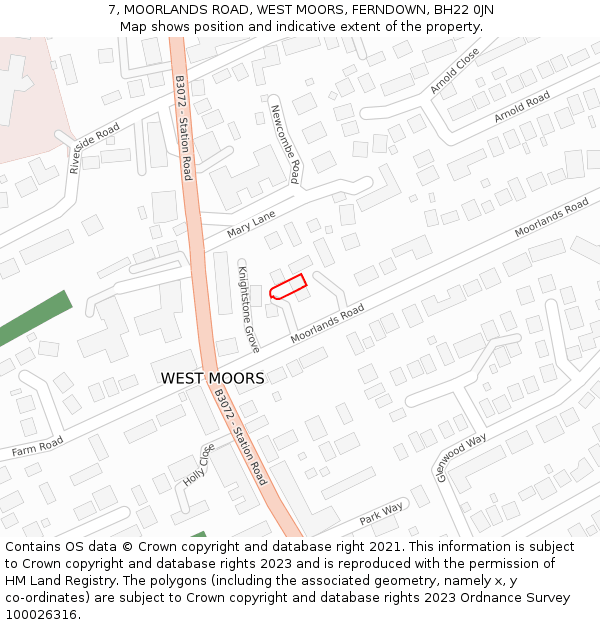 7, MOORLANDS ROAD, WEST MOORS, FERNDOWN, BH22 0JN: Location map and indicative extent of plot