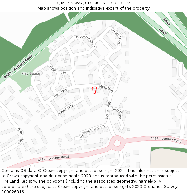 7, MOSS WAY, CIRENCESTER, GL7 1RS: Location map and indicative extent of plot