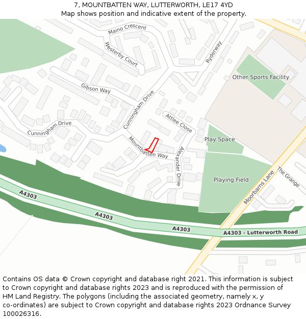 7, MOUNTBATTEN WAY, LUTTERWORTH, LE17 4YD: Location map and indicative extent of plot