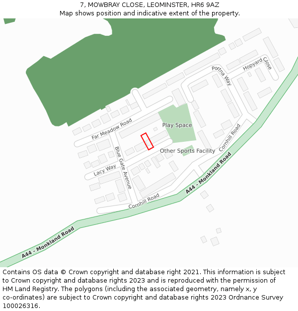 7, MOWBRAY CLOSE, LEOMINSTER, HR6 9AZ: Location map and indicative extent of plot
