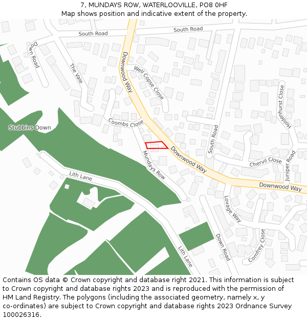 7, MUNDAYS ROW, WATERLOOVILLE, PO8 0HF: Location map and indicative extent of plot