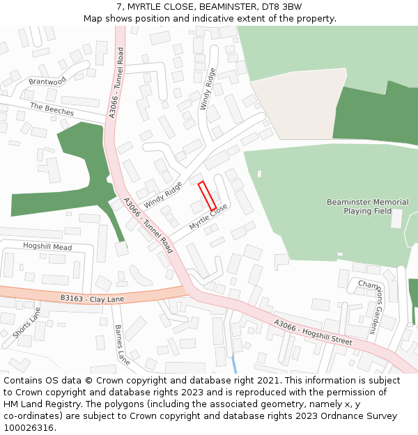 7, MYRTLE CLOSE, BEAMINSTER, DT8 3BW: Location map and indicative extent of plot
