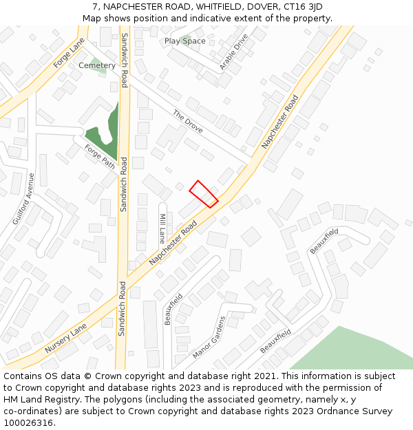 7, NAPCHESTER ROAD, WHITFIELD, DOVER, CT16 3JD: Location map and indicative extent of plot