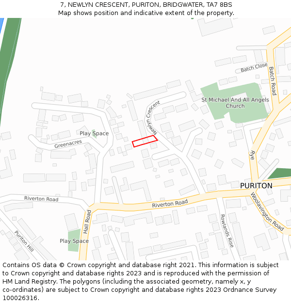 7, NEWLYN CRESCENT, PURITON, BRIDGWATER, TA7 8BS: Location map and indicative extent of plot