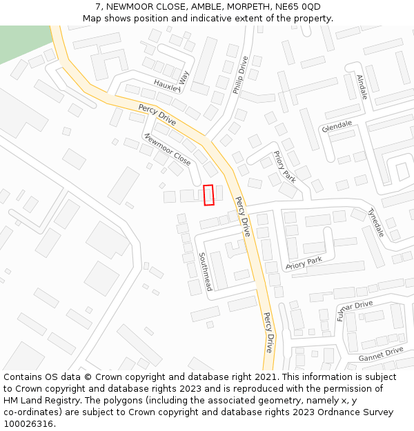 7, NEWMOOR CLOSE, AMBLE, MORPETH, NE65 0QD: Location map and indicative extent of plot