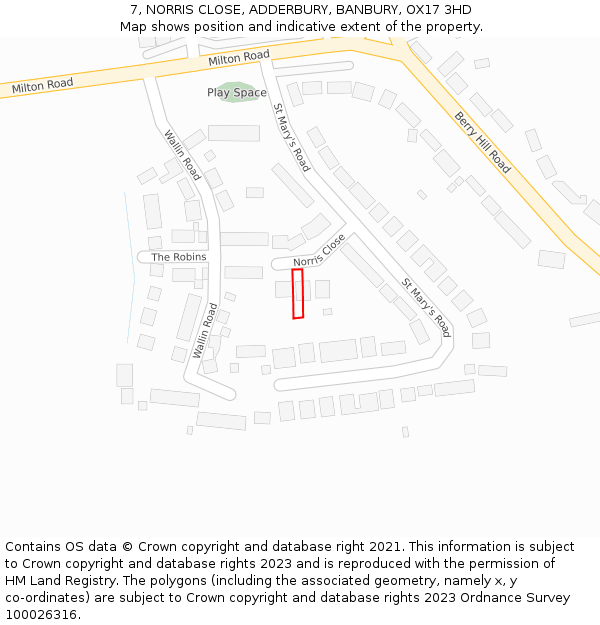 7, NORRIS CLOSE, ADDERBURY, BANBURY, OX17 3HD: Location map and indicative extent of plot